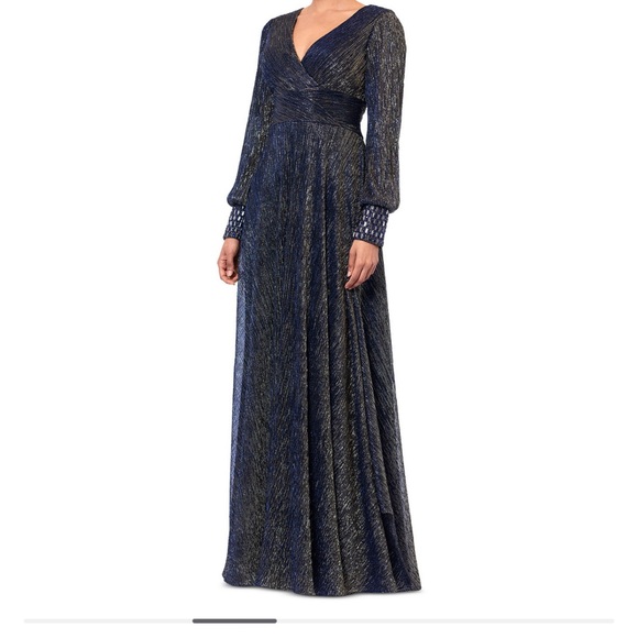 Betsy & Adam Women's Galaxy Metallic V-Neck Gown Size 12 Navy/Gold Dress - Picture 2 of 11